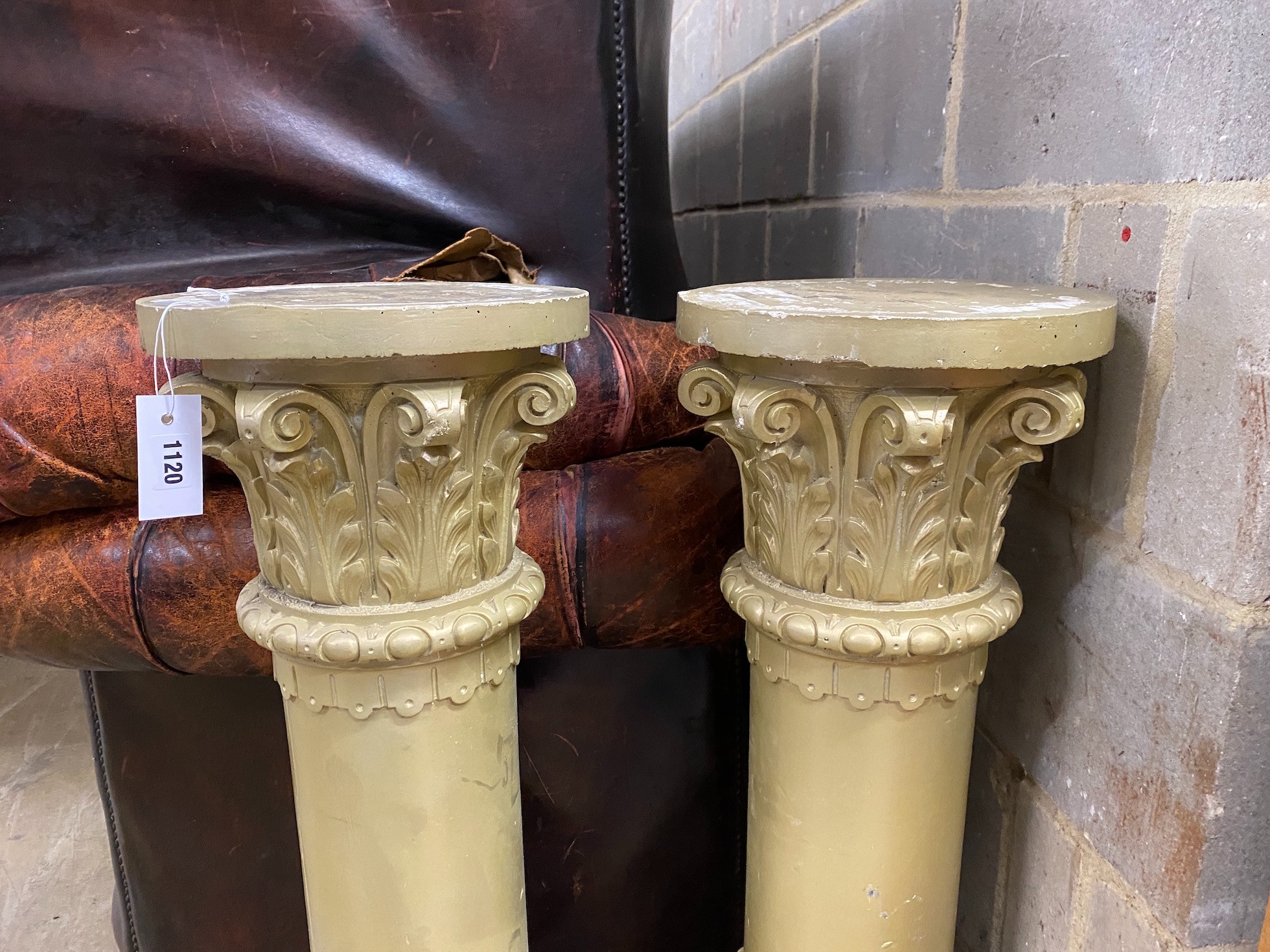 A pair of gold painted composition pedestals, diameter 28cm, height 84cm